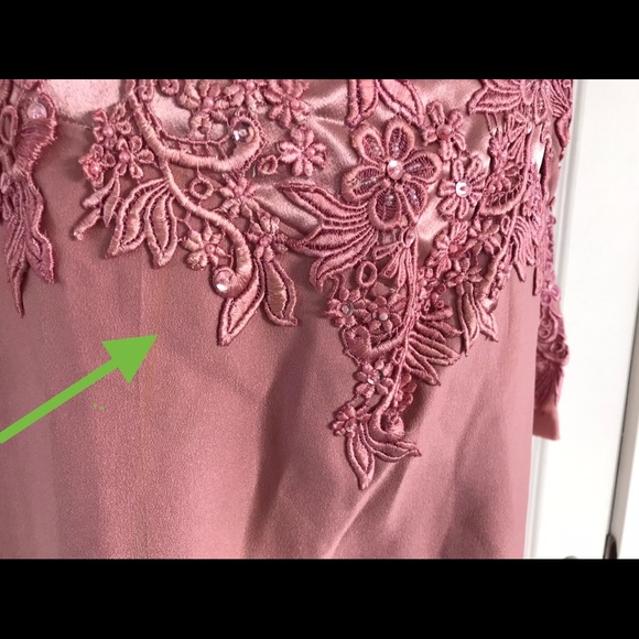 Pink Satin Crepe Long Formal Dress with Embroidered Sheer Sleeves - Picture 6 of 6